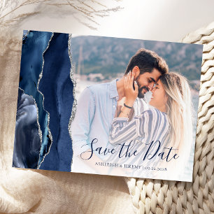 Navy Blue Silver Agate Custom Foto Save the Date Postkarte