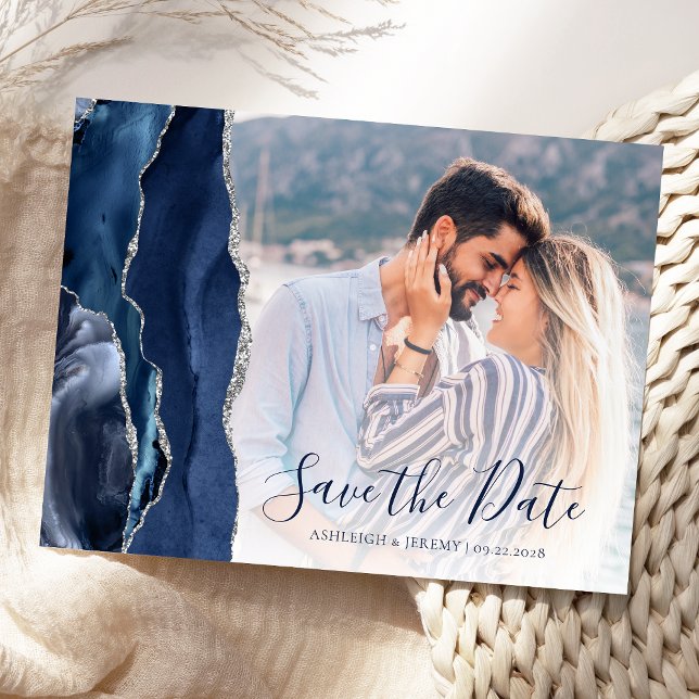 Navy Blue Silver Agate Custom Foto Save the Date Postkarte (Von Creator hochgeladen)
