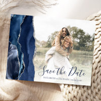 Navy Blue Silver Agate Custom Foto Save the Date