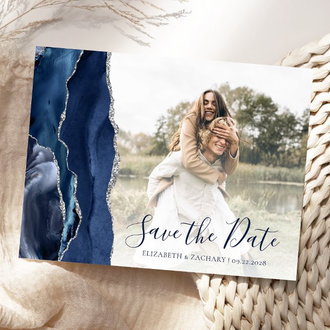 Navy Blue Silver Agate Custom Foto Save the Date Postkarte (Von Creator hochgeladen)