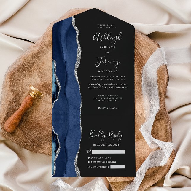 Navy Blue Silver Agate Dark Wedding All In One Einladung (Von Creator hochgeladen)