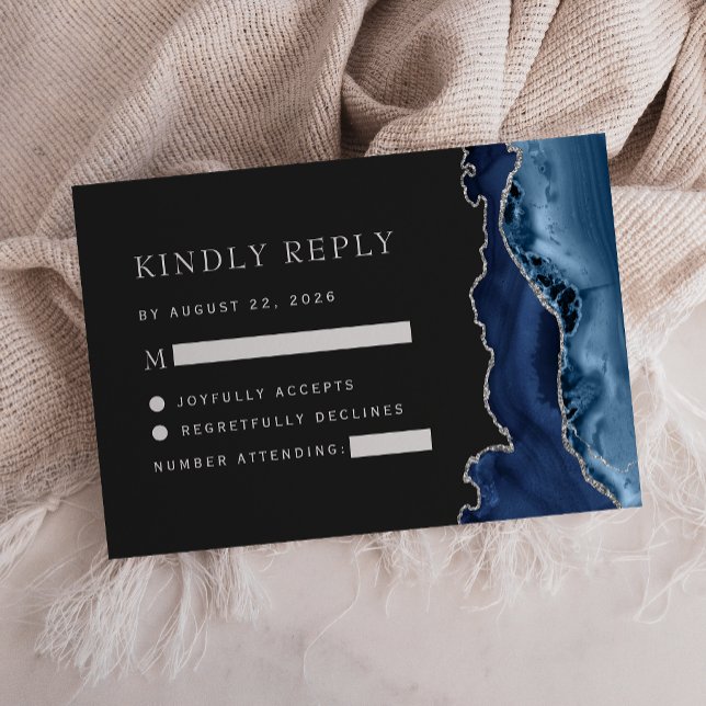 Navy Blue Silver Agate Dark Wedding RSVP Karte (Von Creator hochgeladen)
