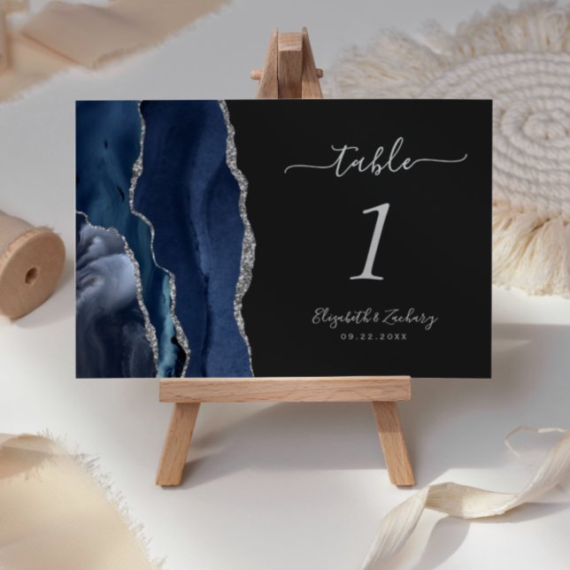 Navy Blue Silver Agate Dark Wedding Tischnummer (Von Creator hochgeladen)