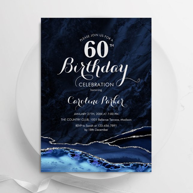 Navy Blue Silver Agate Marble 60. Geburtstag Einladung (Von Creator hochgeladen)