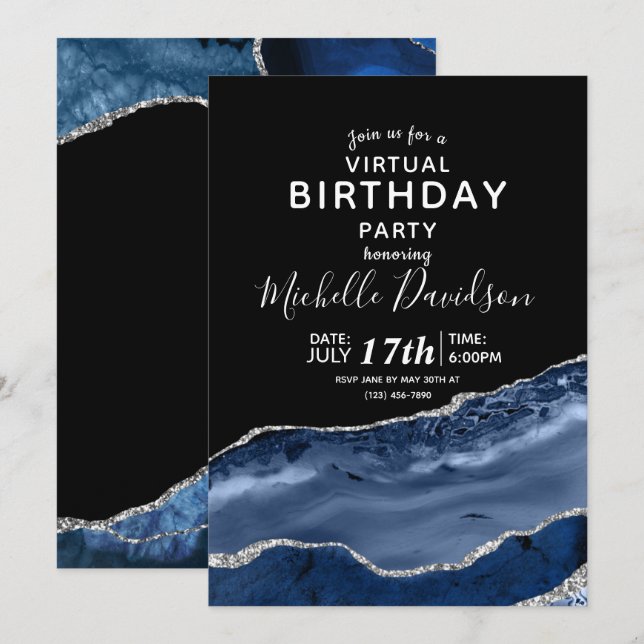 Navy Blue & Silver Agate Virtual Birthday Invitati Einladung (Vorne/Hinten)