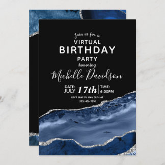 Navy Blue & Silver Agate Virtual Birthday Invitati Einladung