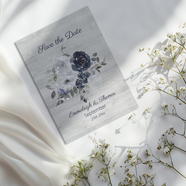 Navy Blue Silver Aquarell Floral Save the Date (Von Creator hochgeladen)