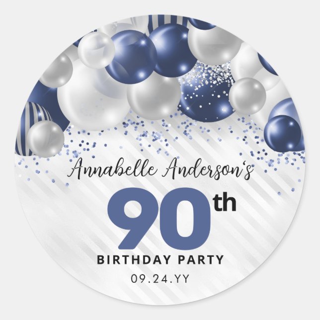 Navy Blue Silver Ballon Glitzer Gunst Birthday Runder Aufkleber (Vorderseite)