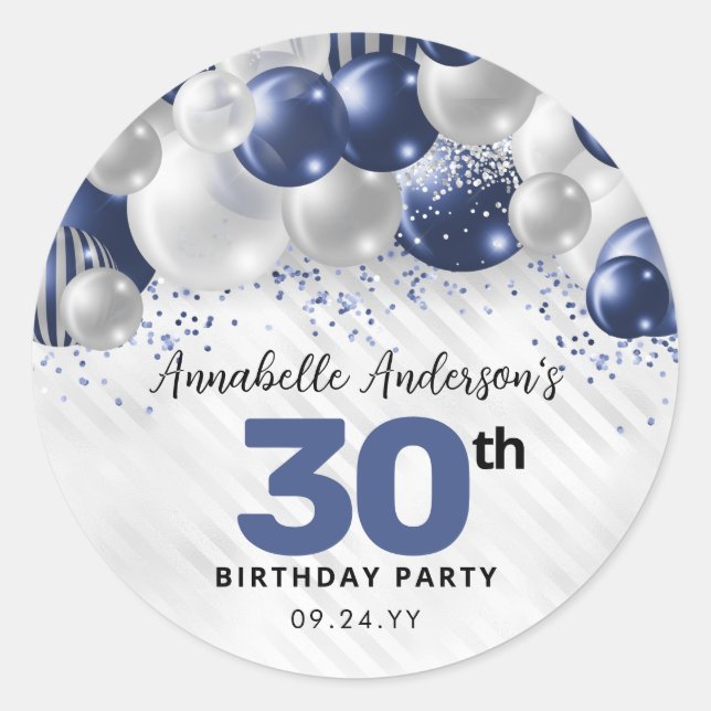Navy Blue Silver Ballon Glitzer Gunst Birthday Runder Aufkleber (Vorderseite)