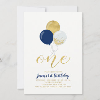 Navy Blue & Silver Ballons One 1st | Birthday Einladung