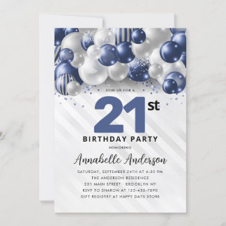 Navy Blue Silver Balloon Glitzer 21. Geburtstag Einladung