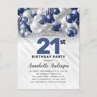 Navy Blue Silver Balloon Glitzer 21. Geburtstag Postkarte