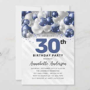 Navy Blue Silver Balloon Glitzer 30. Geburtstag Einladung