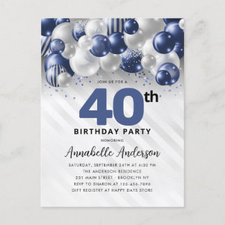 Navy Blue Silver Balloon Glitzer 40. Geburtstag Postkarte