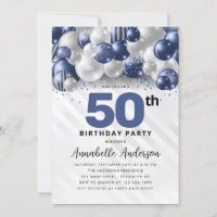 Navy Blue Silver Balloon Glitzer 50. Geburtstag
