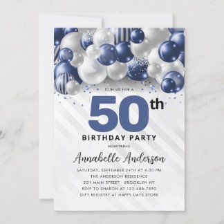 Navy Blue Silver Balloon Glitzer 50. Geburtstag Einladung