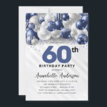 Navy Blue Silver Balloon Glitzer 60. Geburtstag Einladung<br><div class="desc">Moderner Glam Navy Blauer Silberballon Glitzer Sparkle jedes Alter Geburtstag Einladung</div>