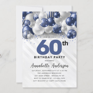 Navy Blue Silver Balloon Glitzer 60. Geburtstag Einladung