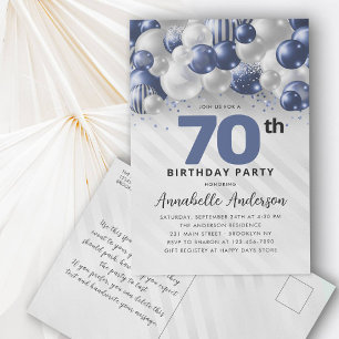 Navy Blue Silver Balloon Glitzer 70. Geburtstag Postkarte