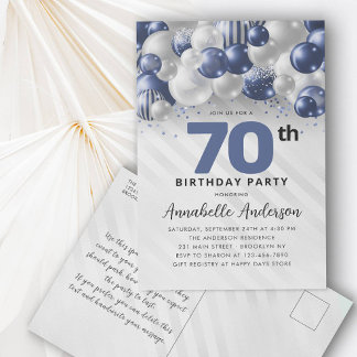 Navy Blue Silver Balloon Glitzer 70. Geburtstag Postkarte