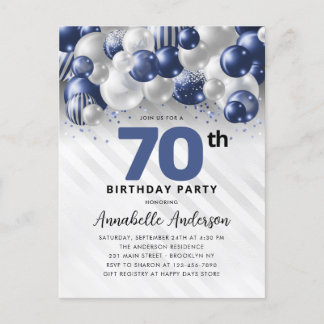 Navy Blue Silver Balloon Glitzer 70. Geburtstag Postkarte