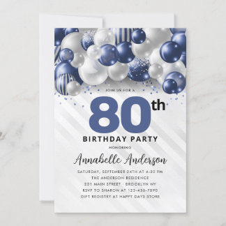 Navy Blue Silver Balloon Glitzer 80. Geburtstag Einladung