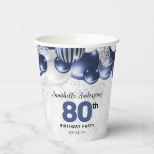 Navy Blue Silver Balloon Glitzer 80. Geburtstag Pappbecher