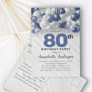 Navy Blue Silver Balloon Glitzer 80. Geburtstag Postkarte