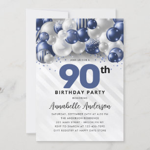 Navy Blue Silver Balloon Glitzer 90. Geburtstag Einladung