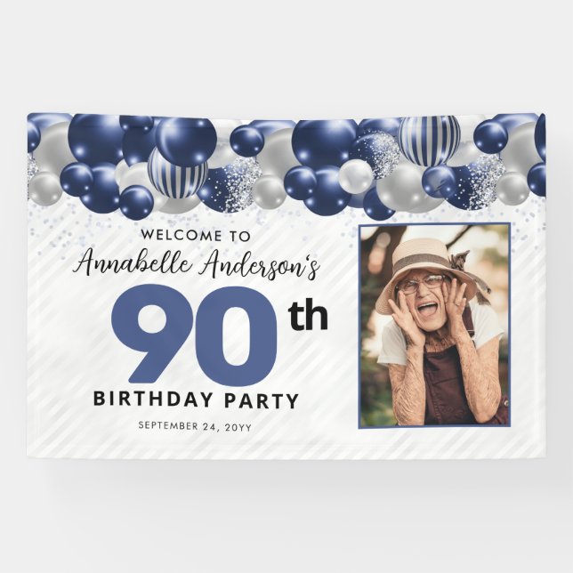 Navy Blue Silver Balloon Glitzer Foto Willkommen Banner (Horizontal)