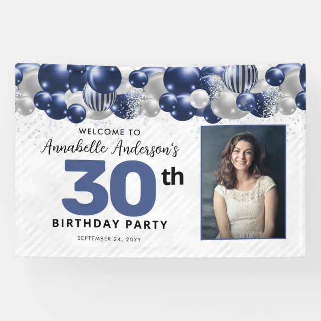 Navy Blue Silver Balloon Glitzer Foto Willkommen Banner (Horizontal)