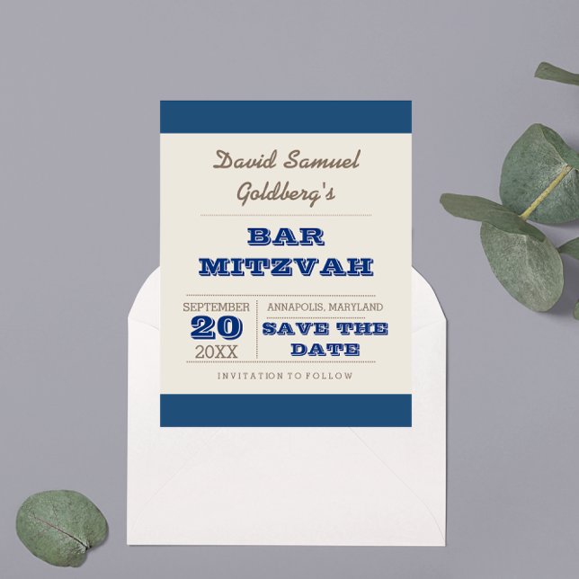 Navy Blue & Silver Bar Mitzvah Save the Date Ankündigungspostkarte (Von Creator hochgeladen)