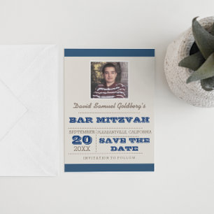 Navy Blue & Silver Bar Mitzvah Save the Date Ankündigungspostkarte