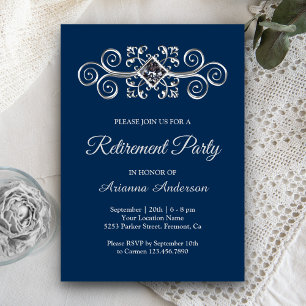 Navy Blue Silver Blühe Diamond Retirement Party Einladung