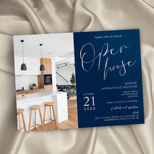Navy Blue & Silver Business Open House Ein Foto Einladung (Navy and faux silver business open house photo invitation with modern script fonts)