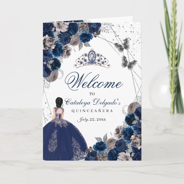 Navy Blue Silver Butterfly Quinceanera Programm (Vorderseite)