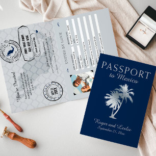 Navy Blue Silver Cancun Mexico Wedding Passport Einladung