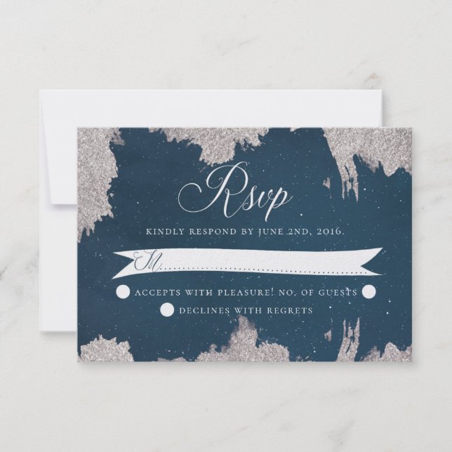 Navy Blue Silver Celestial Star Wedding RSVP Card (Vorderseite)