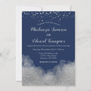 Navy Blue Silver Confetti Wedding Einladung
