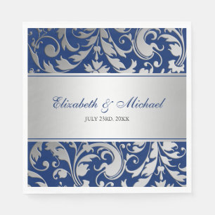 Navy Blue Silver Damask Wirbel Hochzeit Serviette