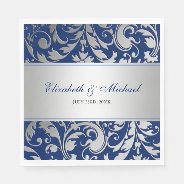 Navy Blue Silver Damask Wirbel Hochzeit Serviette (Vorderseite)