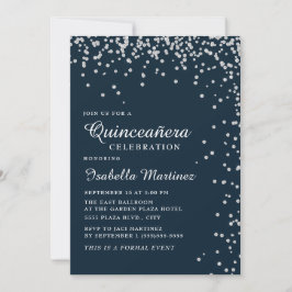 Navy Blue Silver Diamond Confetti Quinceañera Einladung