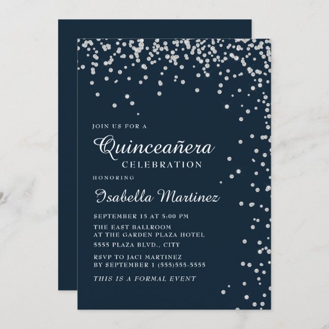 Navy Blue Silver Diamond Confetti Quinceañera Einladung (Vorne/Hinten)