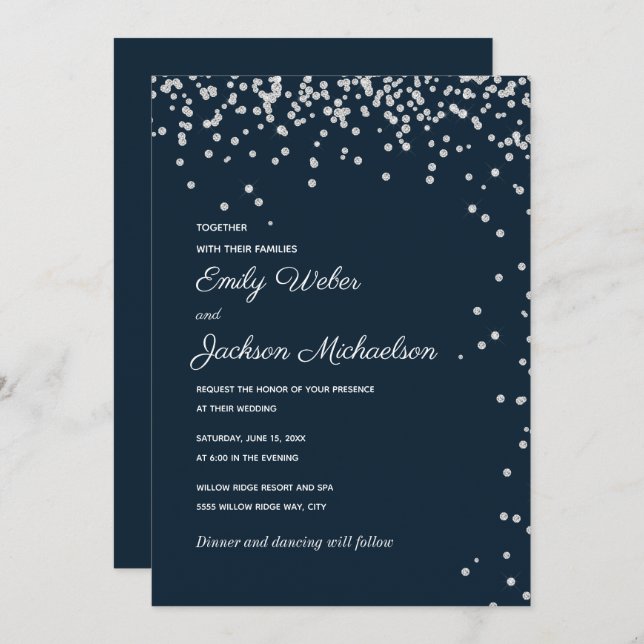 Navy Blue Silver Diamond Confetti Wedding Einladung (Vorne/Hinten)