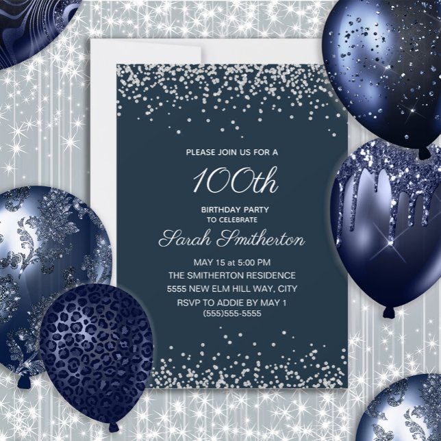Navy Blue Silver Diamond Glitzer 100. Geburtstag Einladung (Navy blue and silver glitter 100th birthday party invitation for women. Customize with your own text)
