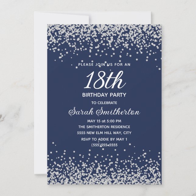 Navy Blue Silver Diamond Glitzer 18. Geburtstag Einladung (Vorderseite)
