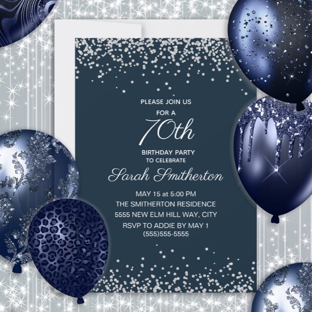 Navy Blue Silver Diamond Glitzer 70. Geburtstag Einladung (Navy blue and silver glitter women's 70th birthday invitation)