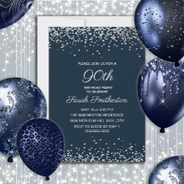 Navy Blue Silver Diamond Glitzer 90. Geburtstag Einladung