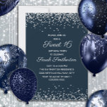 Navy Blue Silver Diamond Glitzer Sweet 16 Einladung<br><div class="desc">Elegante und schicke Marine blau Sweet 16 Geburtstagsfeier Einladung für Mädchen mit glitzerndem Diamant Konfetti Glitzer und einem weißen Kalligraphie / Drehbuch Text. Text und Schriftart sind auf diese Einladung vollständig anpassbar, sodass Sie dies für jedes Alter ändern können. Kontaktieren Sie uns, um Hilfe bei Ihren Anpassungen zu erhalten oder...</div>