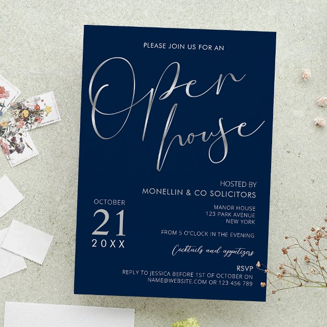 Navy Blue & Silver Elegantes Corporate Open House Einladung (Navy blue and faux silver company open house event invitations)